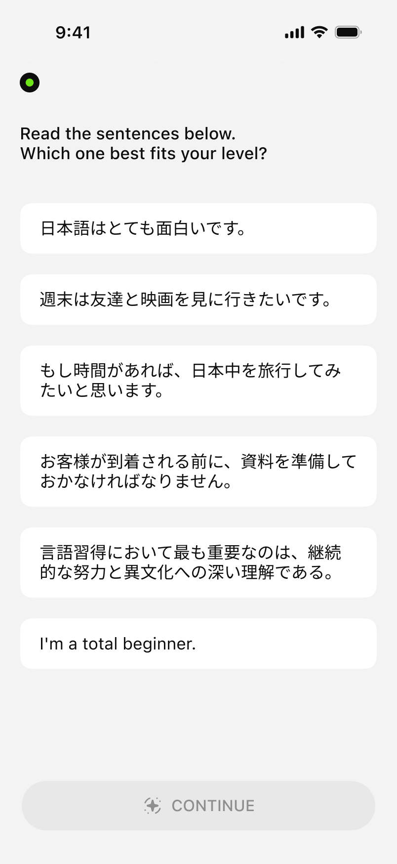 MANA Learn CEFR level selection screen