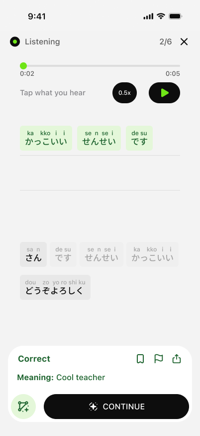 Listening exercise with audio player and Japanese word tiles to arrange