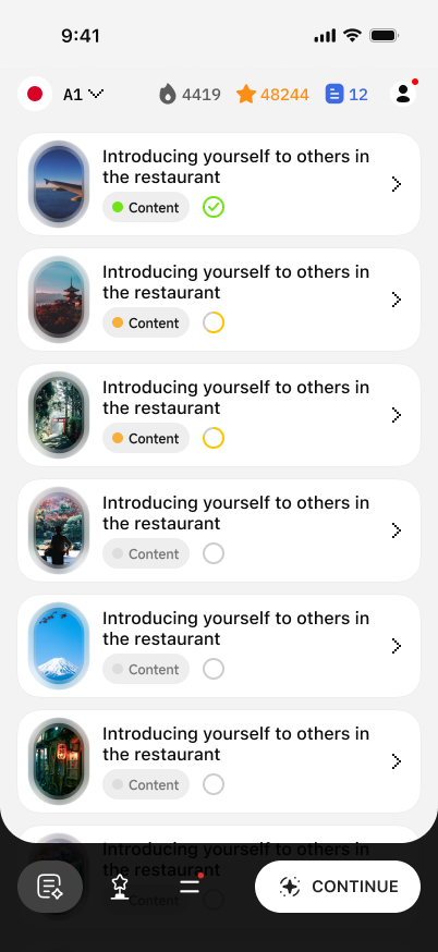 MANA Learn app screen — CEFR A1 to C2 English learning app