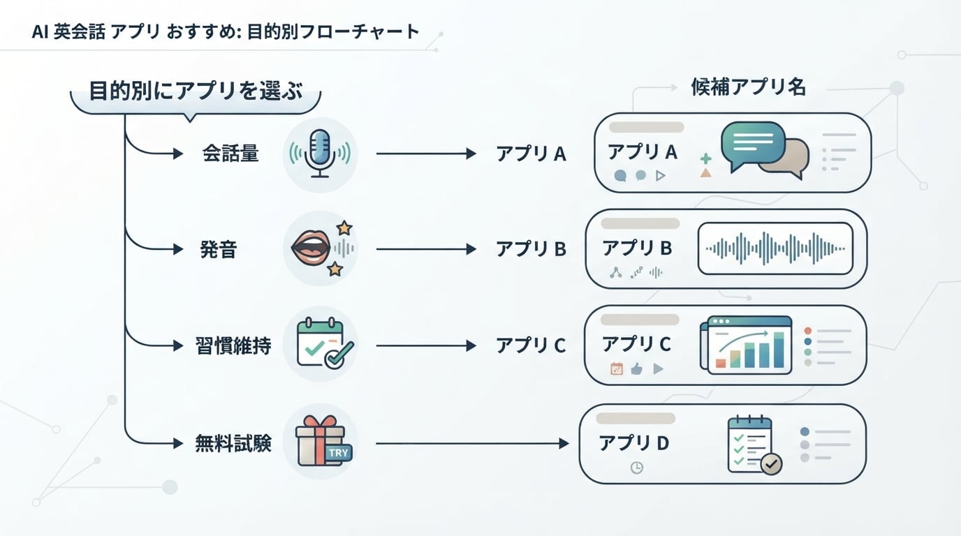 ai 英会話 アプリ おすすめのワークフロー図。